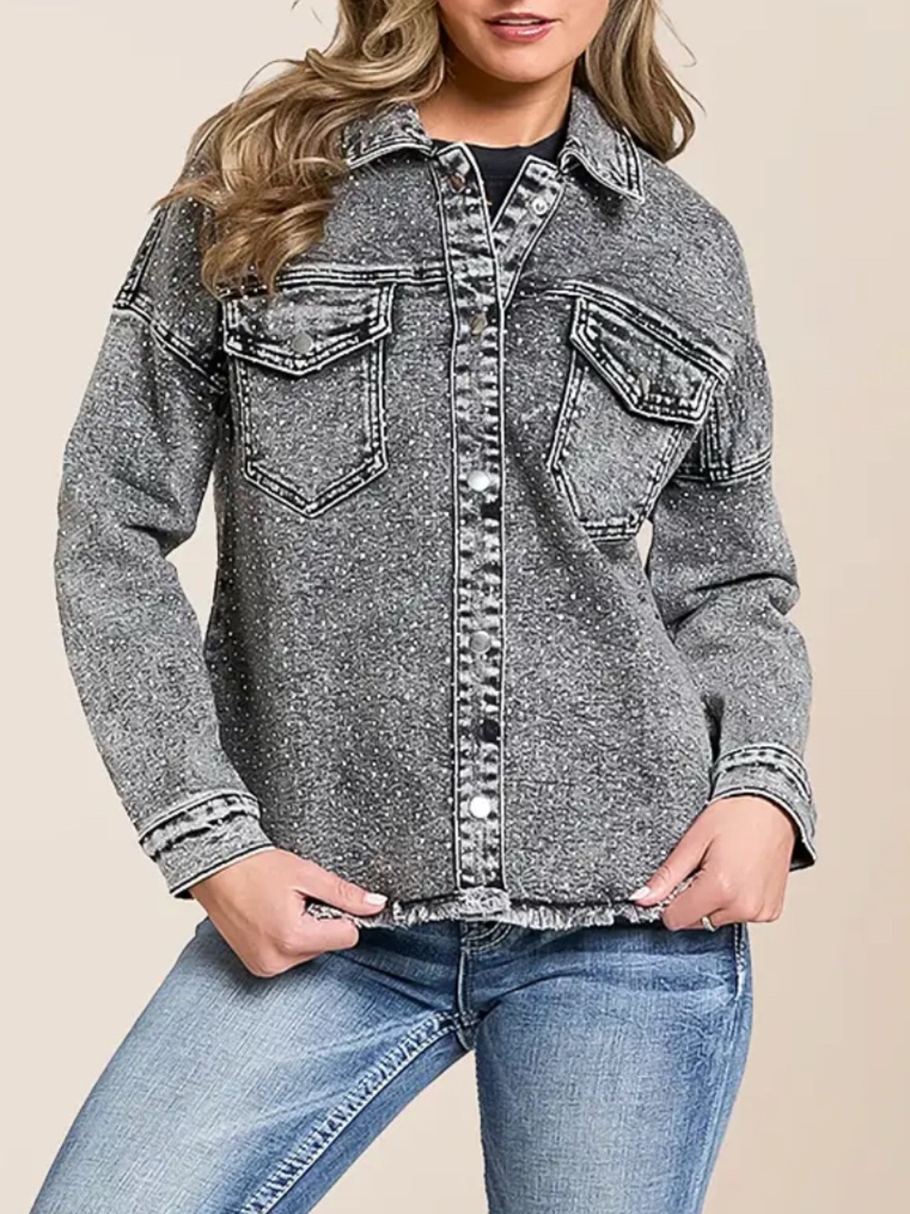 Veveret Black Rhinestone Jean Jacket - Picture 2 of 16